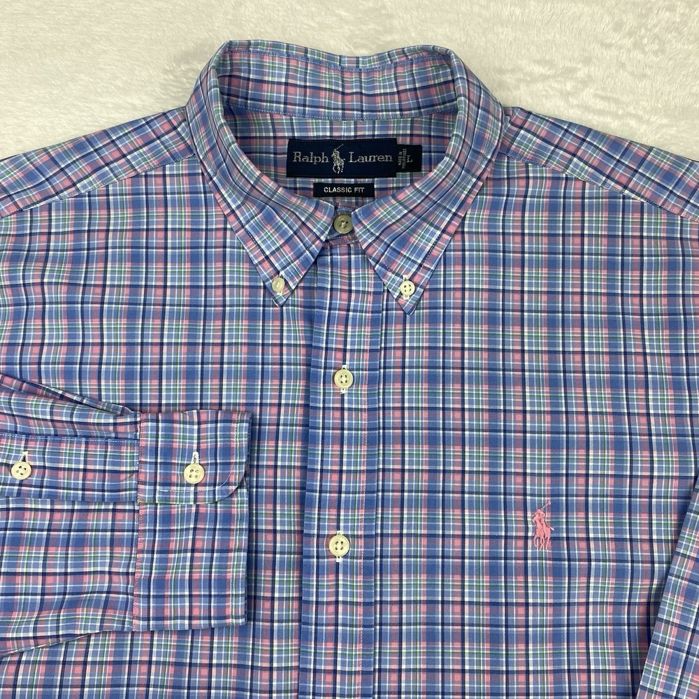 Ralph‎ Lauren Shirt Mens Large Pink/Blue Plaid Classic Fit Long Sleeves
